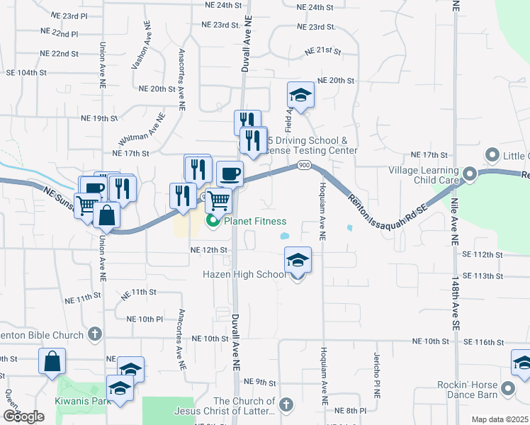map of restaurants, bars, coffee shops, grocery stores, and more near 4801 Northeast 13th Place in Renton