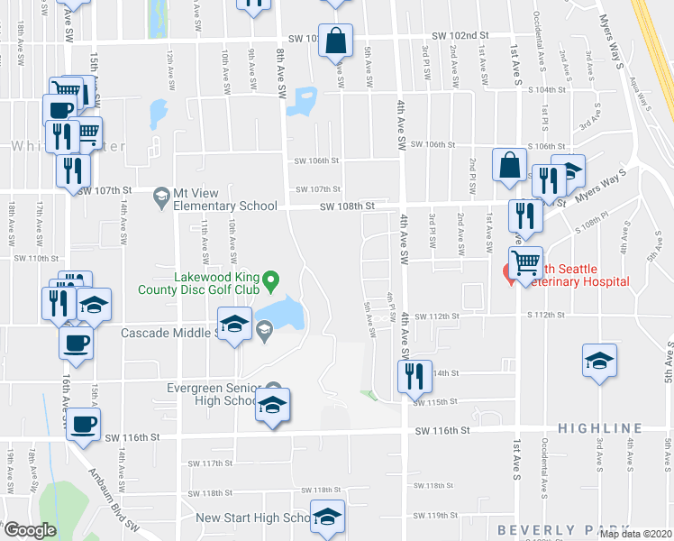 map of restaurants, bars, coffee shops, grocery stores, and more near 605 Southwest 108th Street in Seattle
