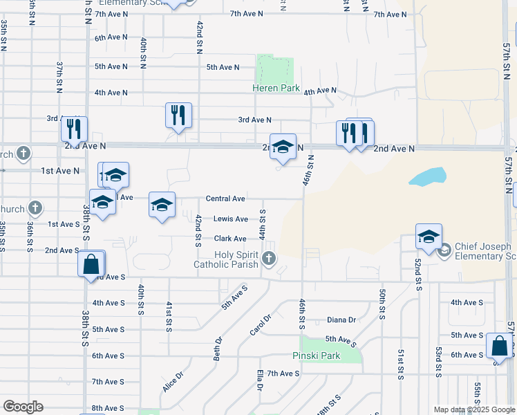 map of restaurants, bars, coffee shops, grocery stores, and more near 4251 Central Avenue in Great Falls