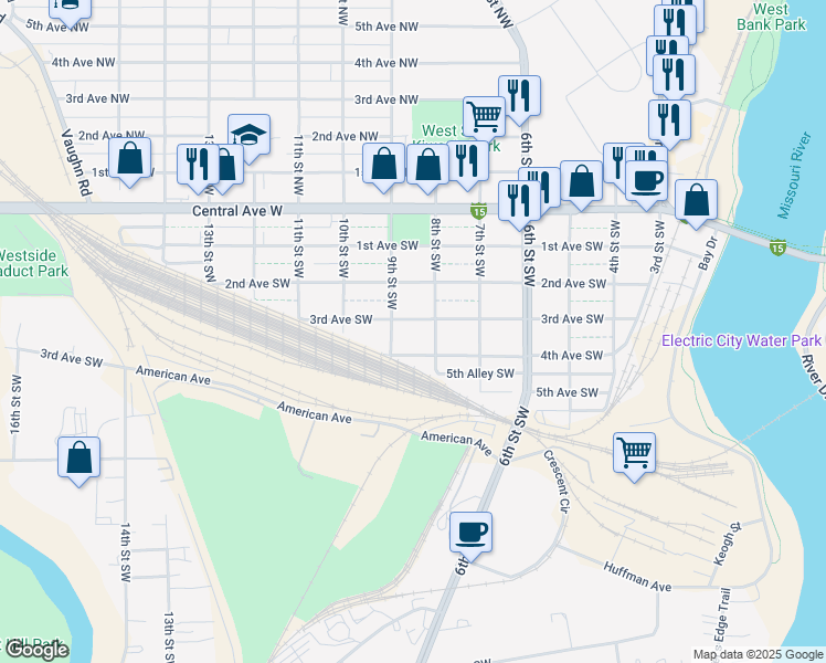map of restaurants, bars, coffee shops, grocery stores, and more near 825 3rd Avenue Southwest in Great Falls