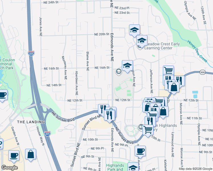 map of restaurants, bars, coffee shops, grocery stores, and more near 1403 Dayton Avenue Northeast in Renton