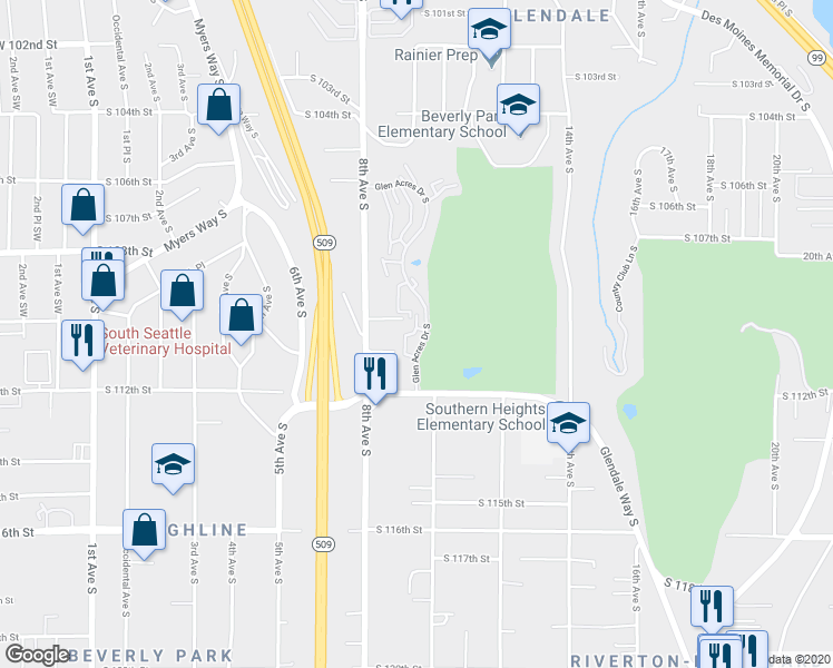 map of restaurants, bars, coffee shops, grocery stores, and more near 11007 Glen Acres Drive South in Burien