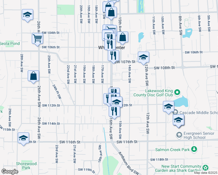 map of restaurants, bars, coffee shops, grocery stores, and more near 10790 16th Avenue Southwest in Seattle