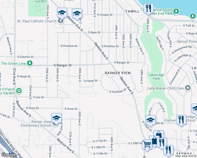 map of restaurants, bars, coffee shops, grocery stores, and more near 6112 South Hazel Street in Seattle