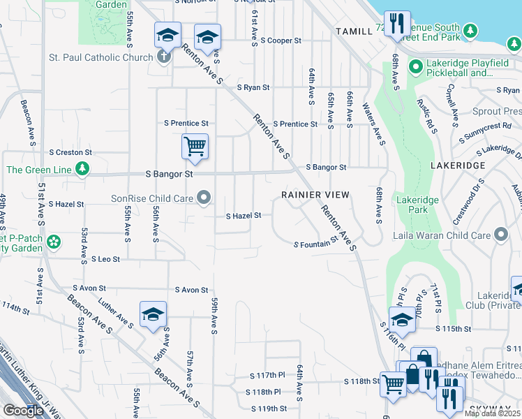 map of restaurants, bars, coffee shops, grocery stores, and more near 10660 62nd Avenue South in Seattle