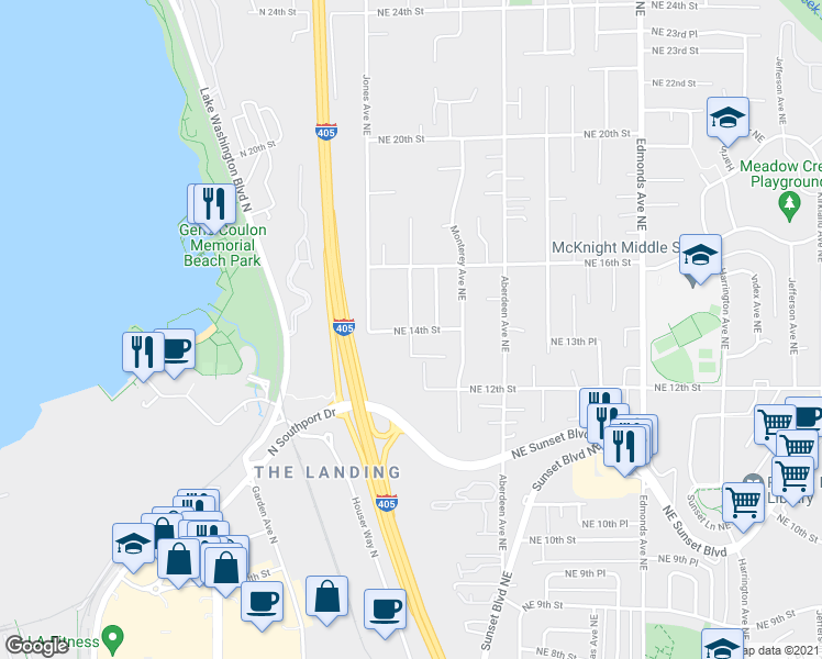 map of restaurants, bars, coffee shops, grocery stores, and more near 1401 Kennewick Ave NE in Renton