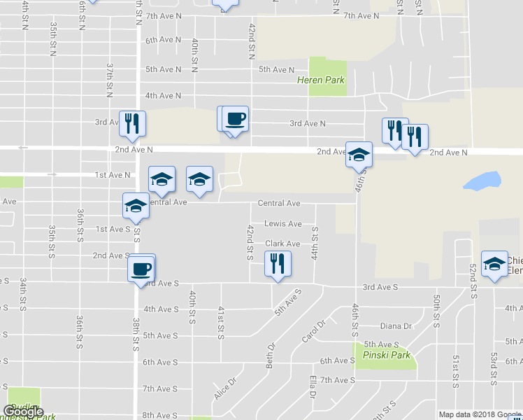 map of restaurants, bars, coffee shops, grocery stores, and more near 4208 Central Avenue in Great Falls