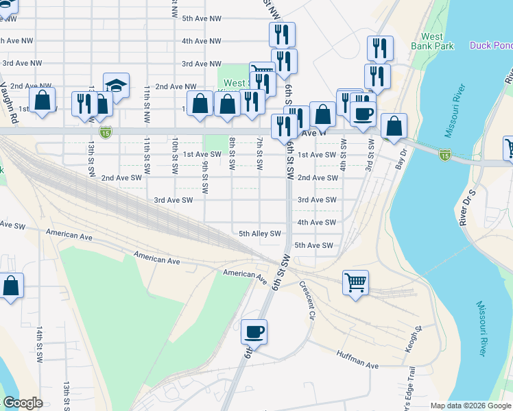 map of restaurants, bars, coffee shops, grocery stores, and more near 701 3rd Avenue Southwest in Great Falls