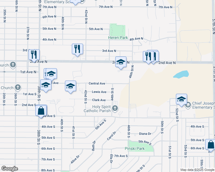 map of restaurants, bars, coffee shops, grocery stores, and more near 4251 Central Avenue in Great Falls
