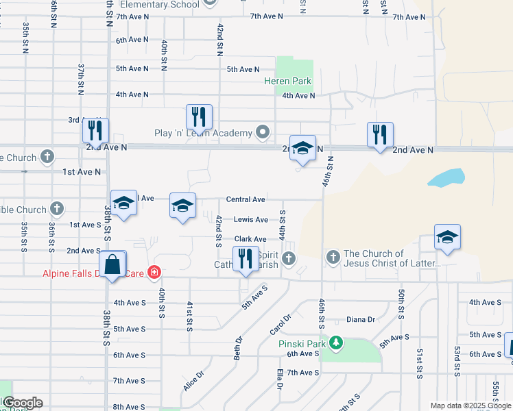 map of restaurants, bars, coffee shops, grocery stores, and more near 4232 Central Avenue in Great Falls