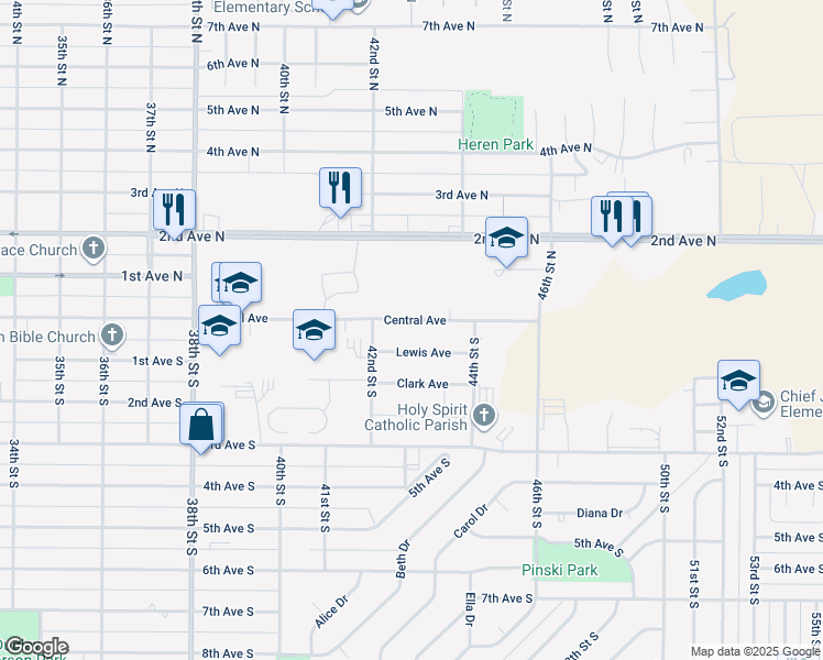 map of restaurants, bars, coffee shops, grocery stores, and more near 4232 Central Avenue in Great Falls
