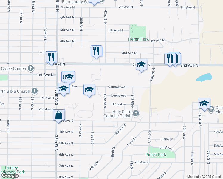 map of restaurants, bars, coffee shops, grocery stores, and more near 4208 Central Avenue in Great Falls