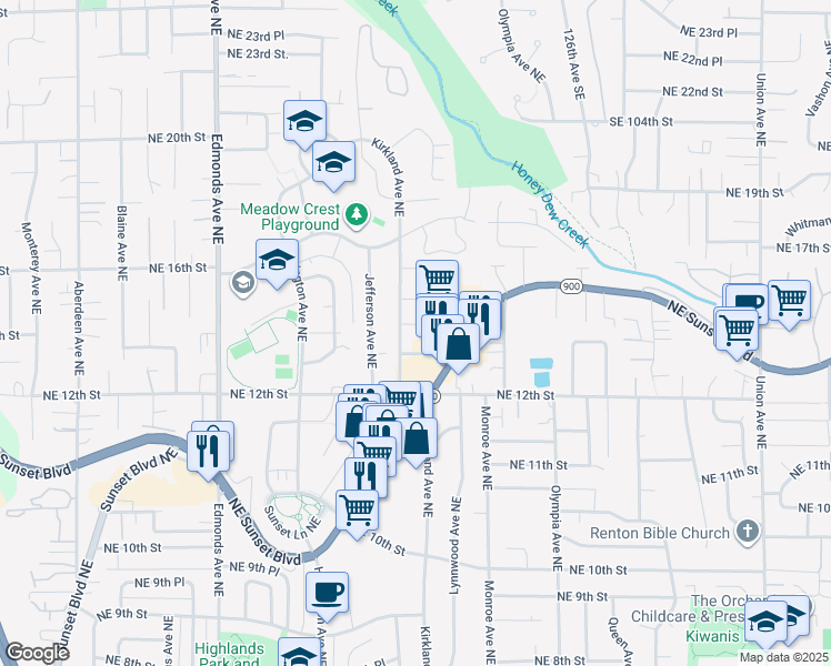 map of restaurants, bars, coffee shops, grocery stores, and more near 3112 Northeast 14th Street in Renton