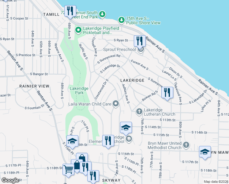 map of restaurants, bars, coffee shops, grocery stores, and more near 10833 Cornell Avenue South in Seattle