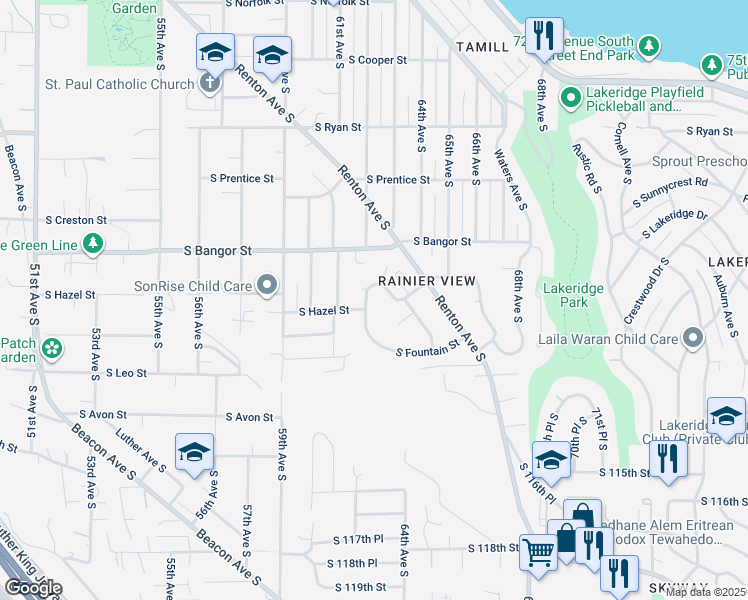 map of restaurants, bars, coffee shops, grocery stores, and more near 10660 62nd Avenue South in Seattle