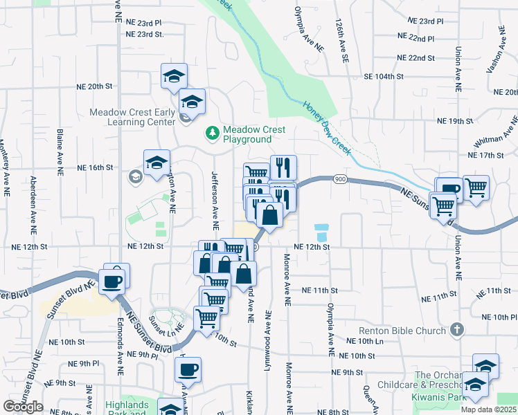 map of restaurants, bars, coffee shops, grocery stores, and more near 3192 Northeast Sunset Boulevard in Renton