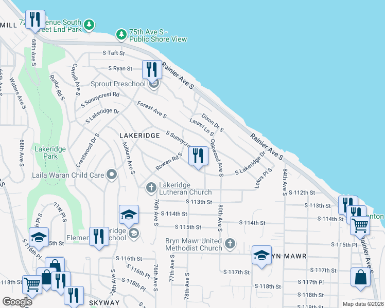 map of restaurants, bars, coffee shops, grocery stores, and more near 7731 South Sunnycrest Road in Seattle