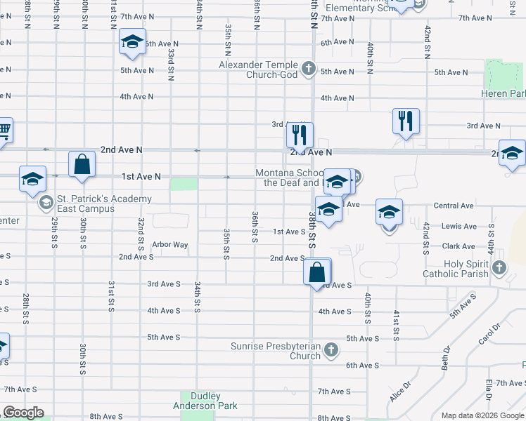 map of restaurants, bars, coffee shops, grocery stores, and more near 3604 Central Avenue in Great Falls