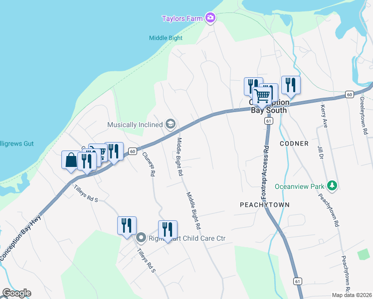 map of restaurants, bars, coffee shops, grocery stores, and more near 13 Middle Bight Road in Conception Bay South