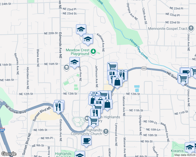 map of restaurants, bars, coffee shops, grocery stores, and more near 1410 Jefferson Avenue Northeast in Renton