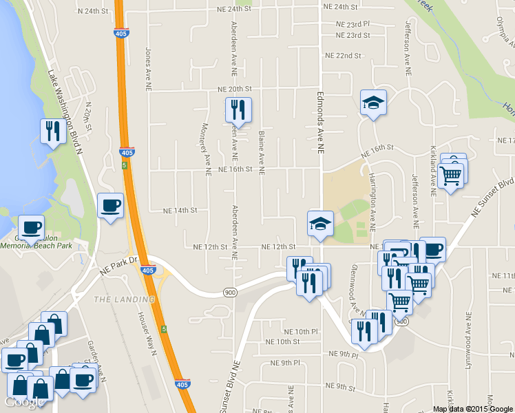 map of restaurants, bars, coffee shops, grocery stores, and more near 1401 Blaine Avenue Northeast in Renton