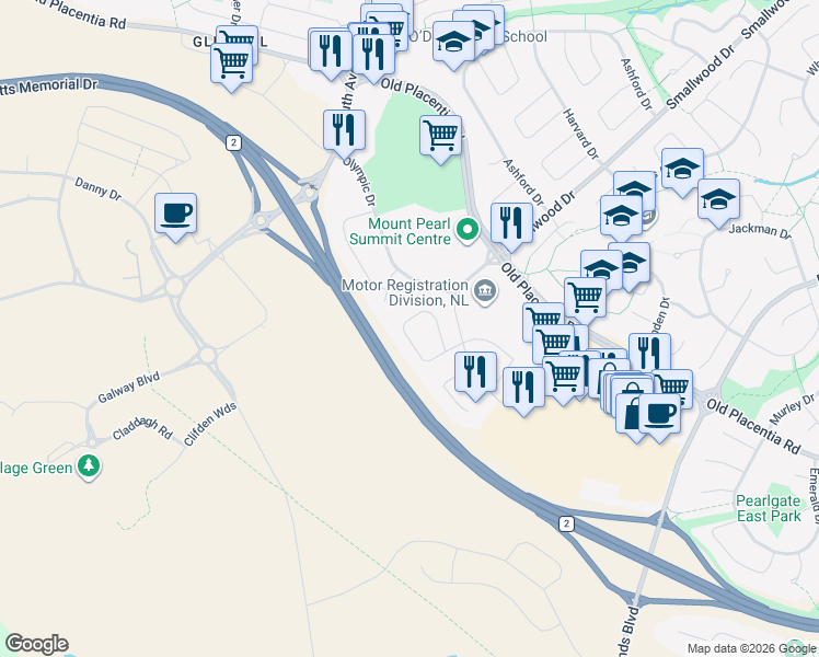 map of restaurants, bars, coffee shops, grocery stores, and more near 22 Stojko Place in Mount Pearl