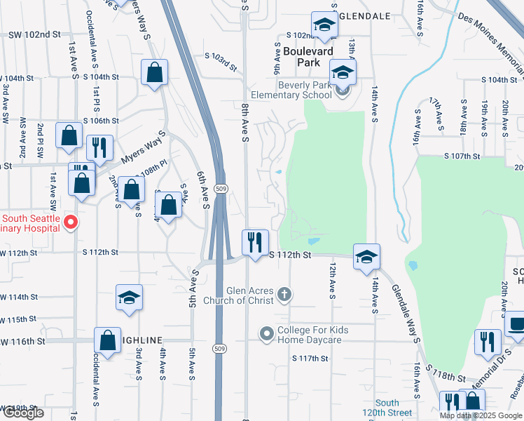 map of restaurants, bars, coffee shops, grocery stores, and more near 819 South 110th Place in Burien