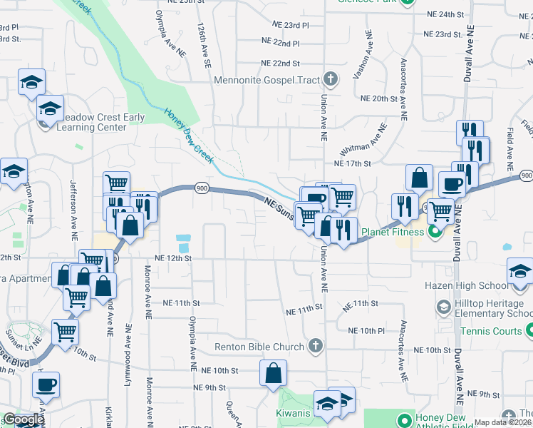 map of restaurants, bars, coffee shops, grocery stores, and more near 3821 Northeast 14th Place in Renton