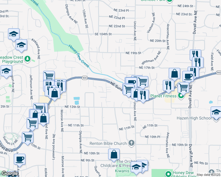 map of restaurants, bars, coffee shops, grocery stores, and more near 3821 Northeast 14th Place in Renton