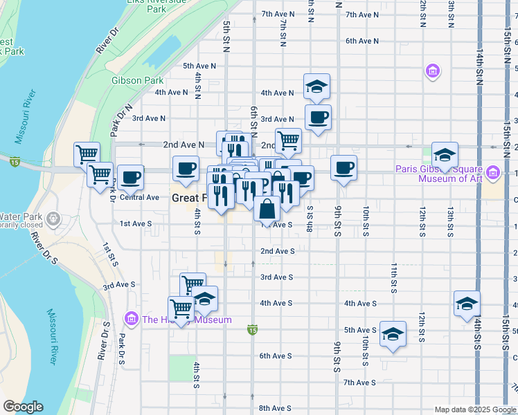 map of restaurants, bars, coffee shops, grocery stores, and more near 600 Central Avenue in Great Falls