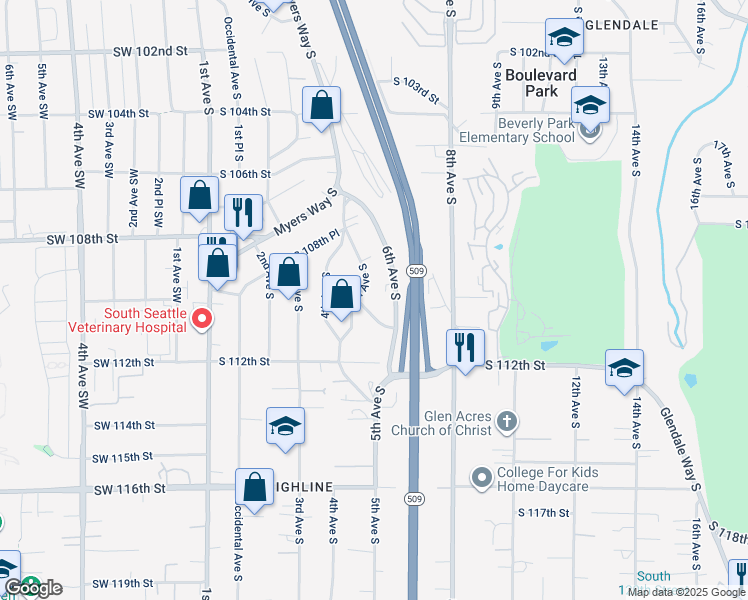 map of restaurants, bars, coffee shops, grocery stores, and more near 504 South 111th Street in Seattle