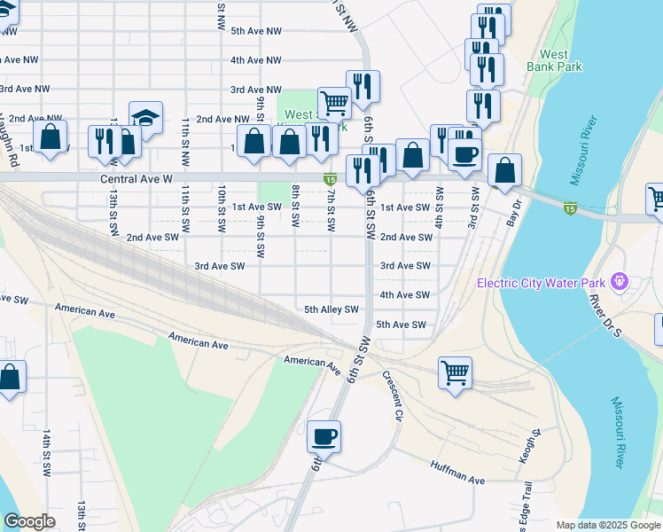 map of restaurants, bars, coffee shops, grocery stores, and more near 701 3rd Avenue Southwest in Great Falls