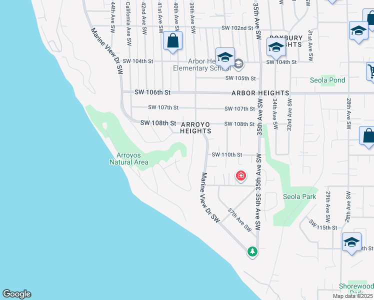 map of restaurants, bars, coffee shops, grocery stores, and more near 10933 39th Avenue Southwest in Seattle