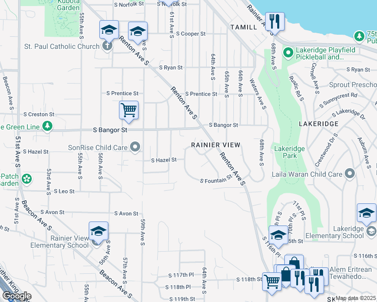 map of restaurants, bars, coffee shops, grocery stores, and more near 10660 62nd Ave S in Seattle