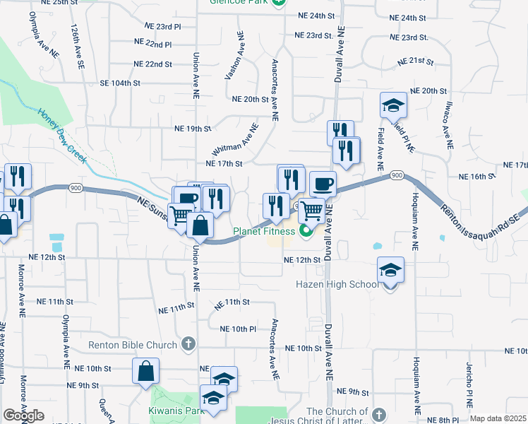 map of restaurants, bars, coffee shops, grocery stores, and more near 4400 Northeast Sunset Boulevard in Renton