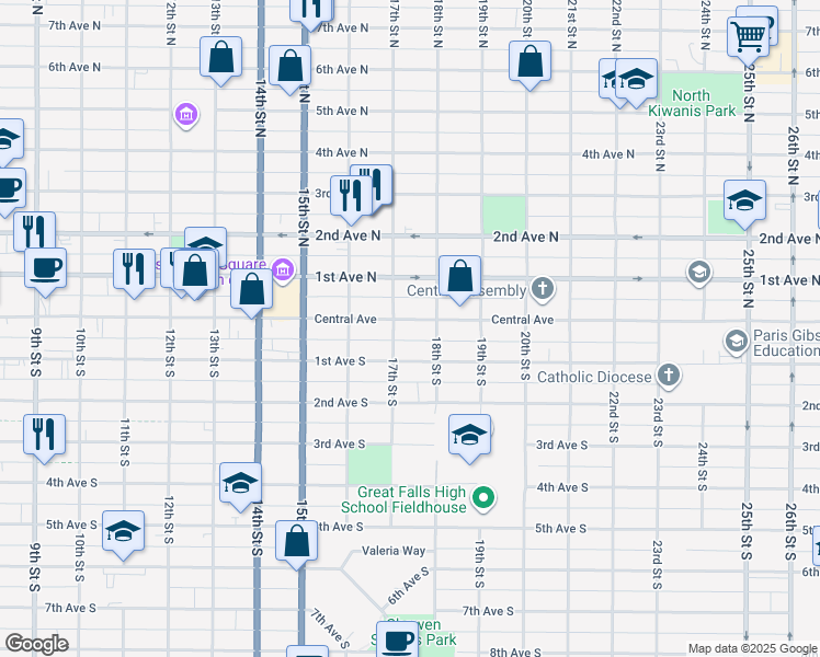 map of restaurants, bars, coffee shops, grocery stores, and more near 1708 Central Avenue in Great Falls