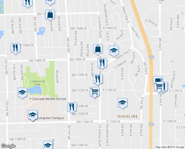 map of restaurants, bars, coffee shops, grocery stores, and more near 1st Ave SW & SW 110th St in White Center