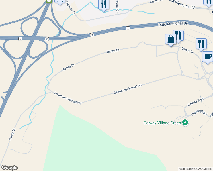 map of restaurants, bars, coffee shops, grocery stores, and more near 50 Beaumont Hamel Way in St. John's