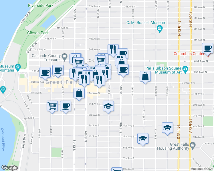 map of restaurants, bars, coffee shops, grocery stores, and more near 726 Central Avenue in Great Falls
