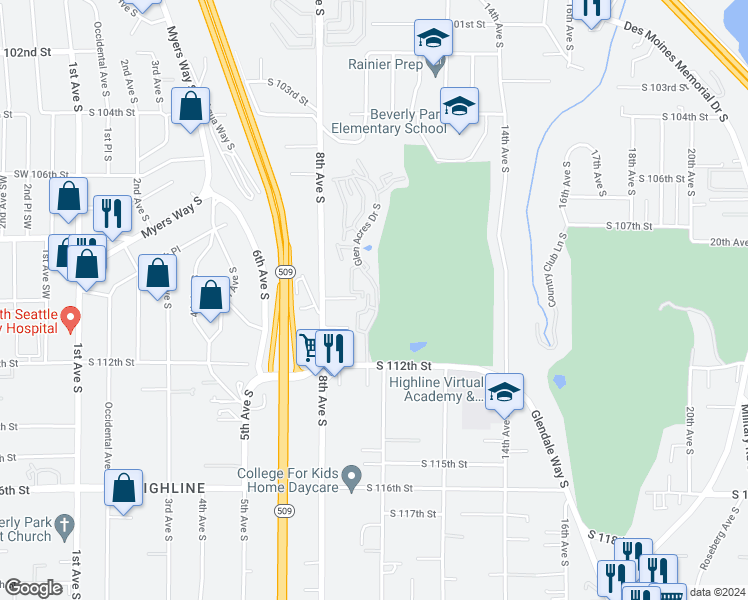 map of restaurants, bars, coffee shops, grocery stores, and more near 11007 Glen Acres Drive South in Burien