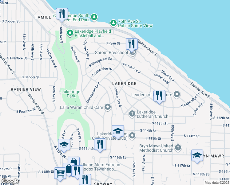 map of restaurants, bars, coffee shops, grocery stores, and more near 10859 Auburn Avenue South in Seattle