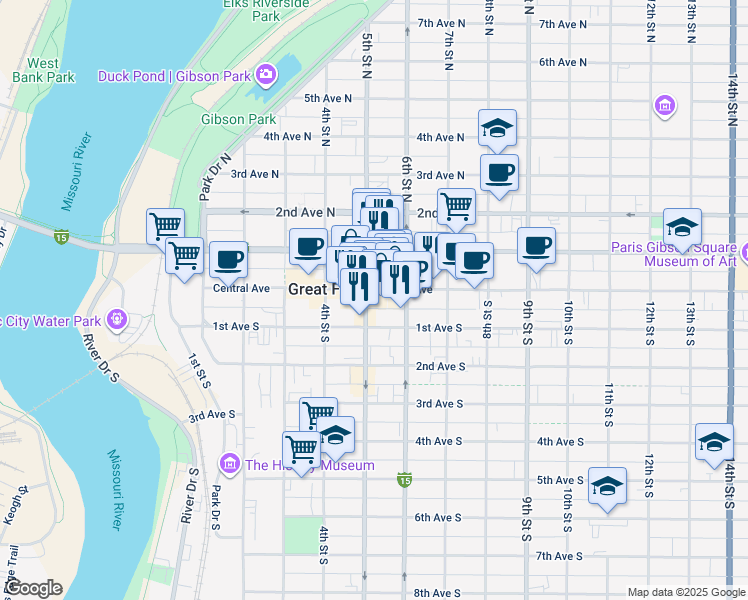 map of restaurants, bars, coffee shops, grocery stores, and more near 506 Central Avenue in Great Falls