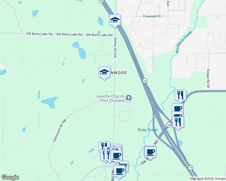 map of restaurants, bars, coffee shops, grocery stores, and more near 4801 Glenwood Road Southwest in Port Orchard