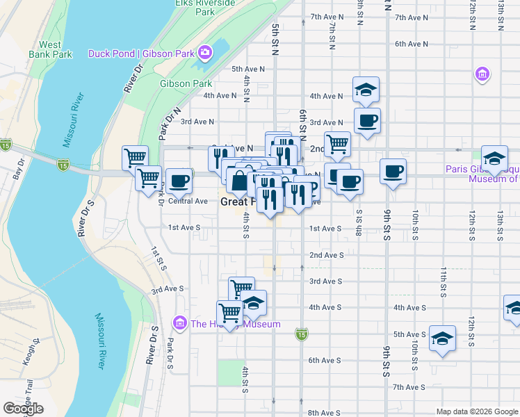 map of restaurants, bars, coffee shops, grocery stores, and more near 412 Central Avenue in Great Falls