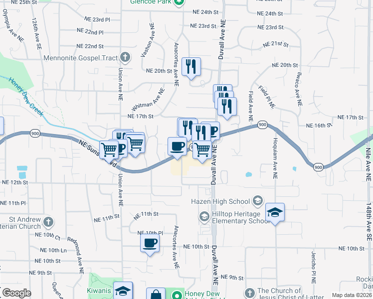 map of restaurants, bars, coffee shops, grocery stores, and more near 4613 NE Sunset Blvd in Renton