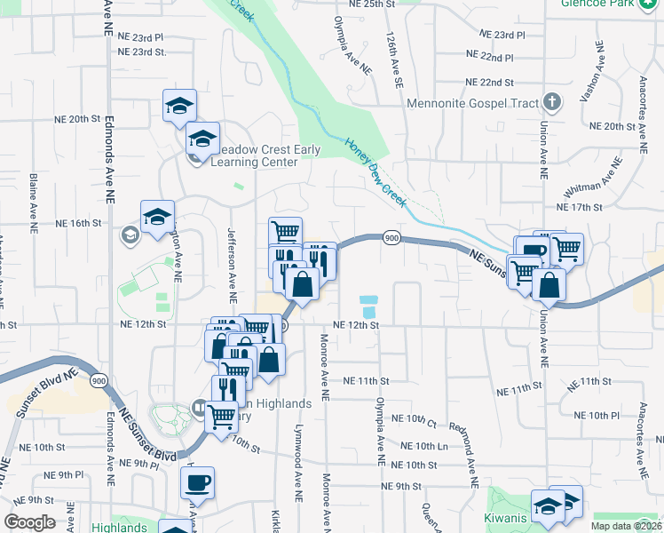 map of restaurants, bars, coffee shops, grocery stores, and more near 1417 Monroe Avenue Northeast in Renton