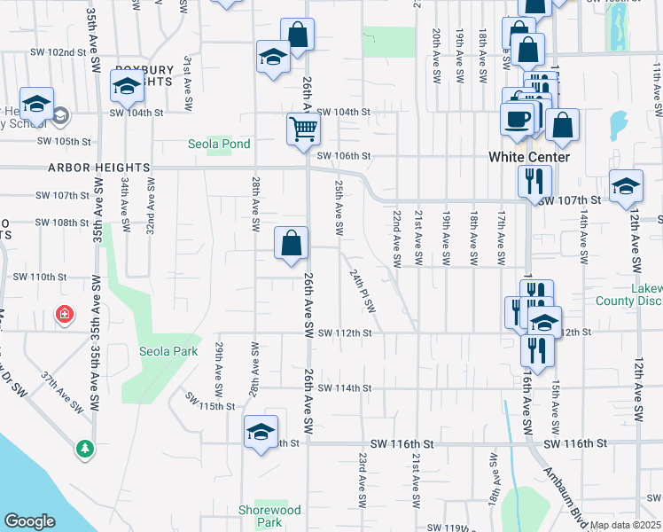 map of restaurants, bars, coffee shops, grocery stores, and more near 10923 24th Place Southwest in Seattle