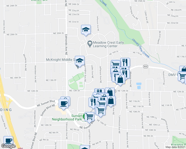 map of restaurants, bars, coffee shops, grocery stores, and more near 1410 Index Avenue Northeast in Renton