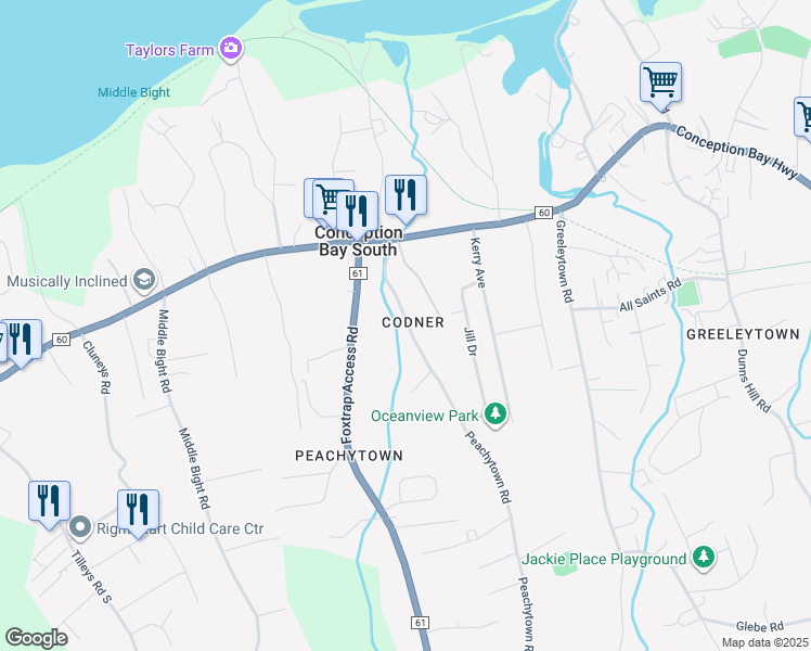 map of restaurants, bars, coffee shops, grocery stores, and more near 32 Peachytown Road in Conception Bay South