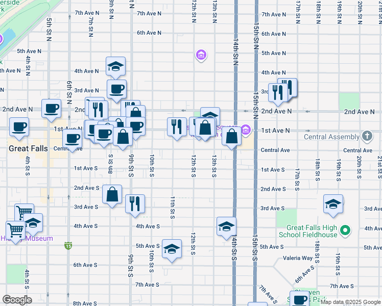 map of restaurants, bars, coffee shops, grocery stores, and more near 1126 Central Avenue in Great Falls